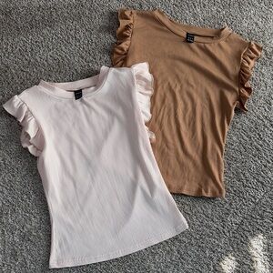 Ruffled Sleeve Ribbed Tops 2-pk - Cream and Tan